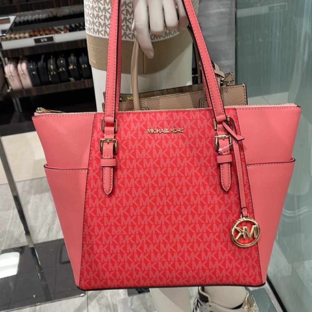 Michael Kors Charlotte Large Logo and Leather Top-Zip Tote Bag Coral Reef Multi - Picture 2 of 16